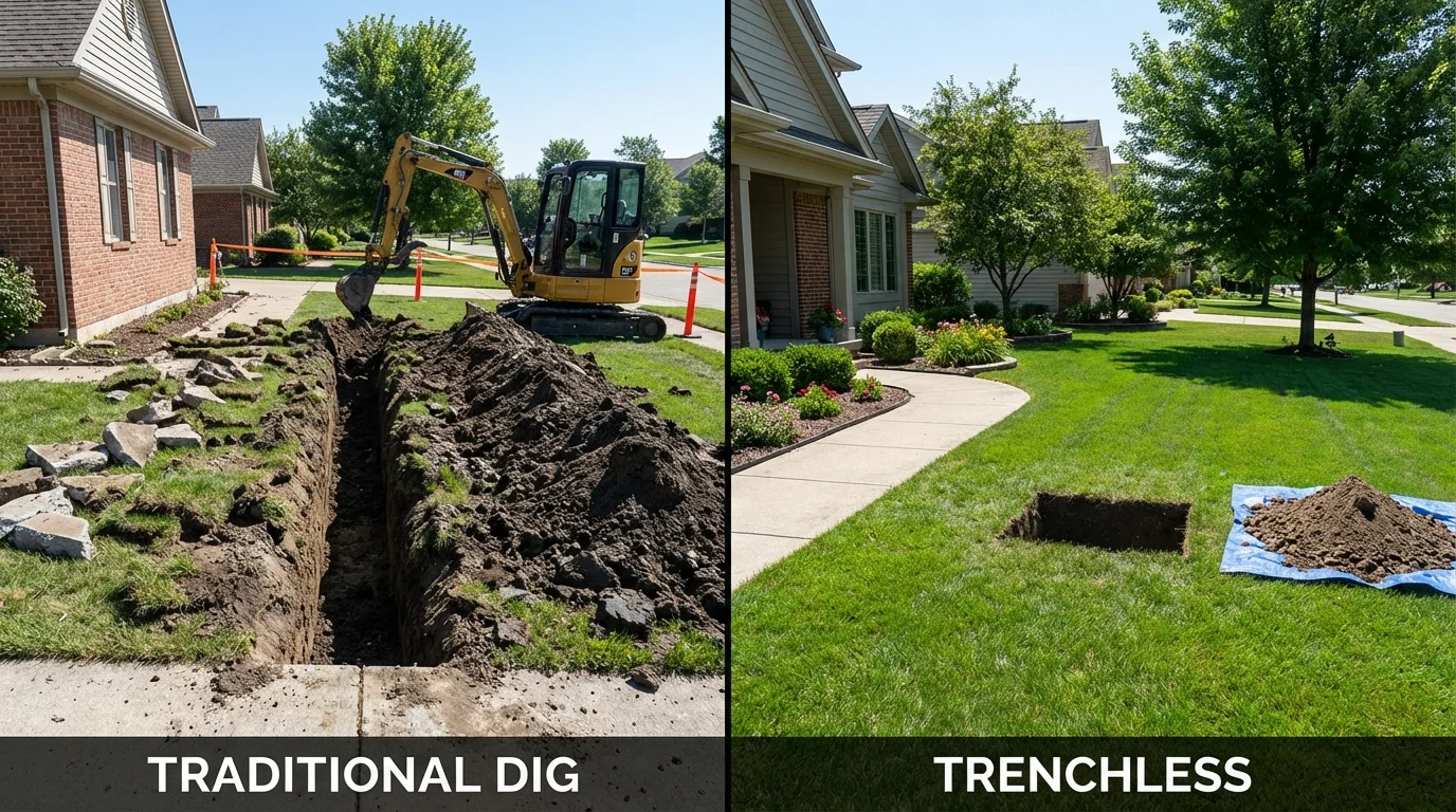 Trenchless sewer repair with minimal yard damage versus traditional excavation in Benton, KY